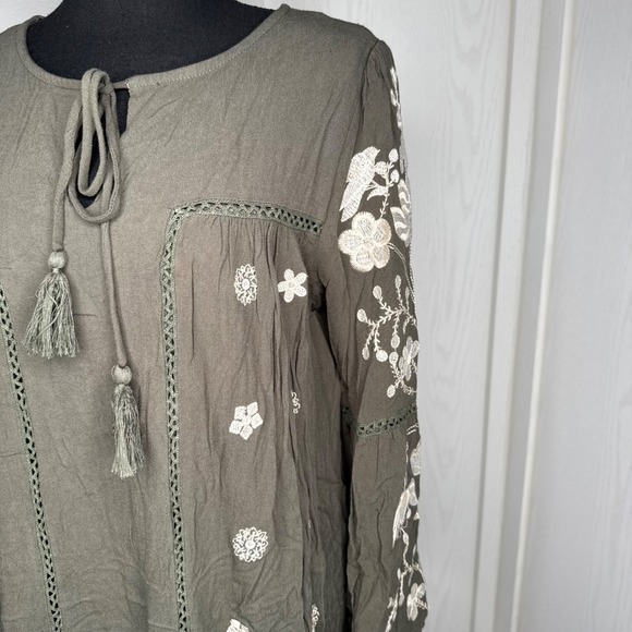 Entro Embroidered‎ Boho Peasant Dress Tassel Tie Olive Green | Size L - Picture 2 of 9